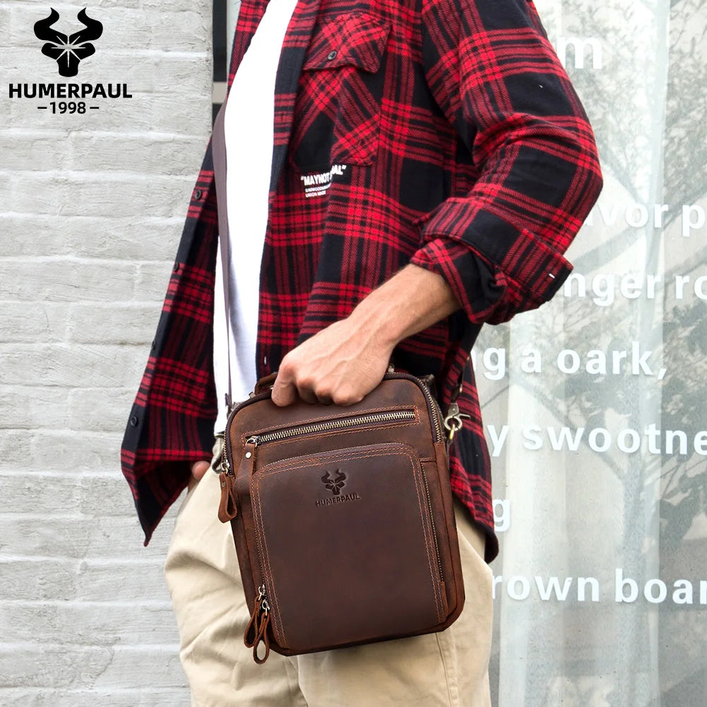 HUMERPAUL Genuine Leather Men's Shoulder Bag – Vintage Crossbody, Large Capacity Messenger Tote for Travel