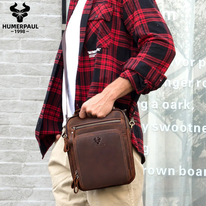 HUMERPAUL Genuine Leather Men's Shoulder Bag – Vintage Crossbody, Large Capacity Messenger Tote for Travel