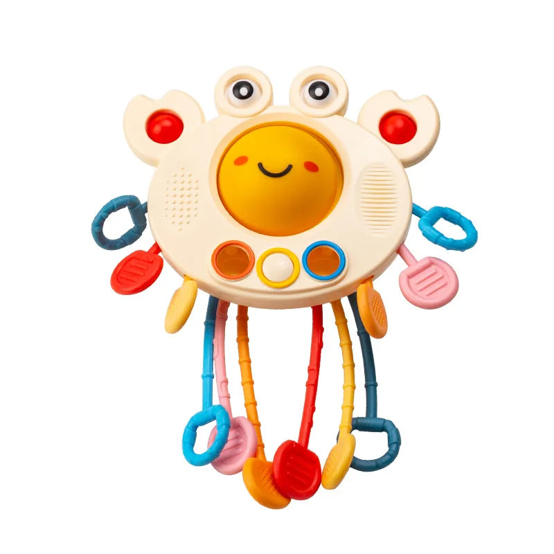 Baby Pull String Sensory Toy - Silicone Teething Rattle Montessori Learning Toy for 6-12 Months