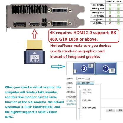 HDMI-Compatible Dummy Plug 4K HDR EDID Emulator – Virtual Monitor Headless Ghost Display Adapter, 4K@60Hz Support