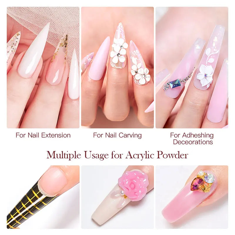 Nail Crystal Powder Kit – Acrylic Liquid Set with Pink & White Powder, Nail Brush for Extension & Carving, Beginner Set