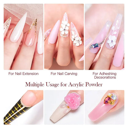Nail Crystal Powder Kit – Acrylic Liquid Set with Pink & White Powder, Nail Brush for Extension & Carving, Beginner Set