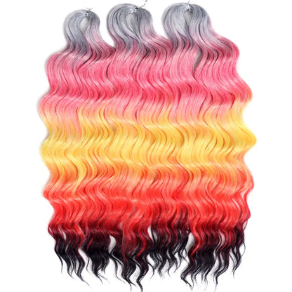 FASHION IDOL 24" Deep Wave Crochet Hair - 3-Piece Synthetic Water Wave Braiding Extensions, Ombre Rainbow Twist Hair