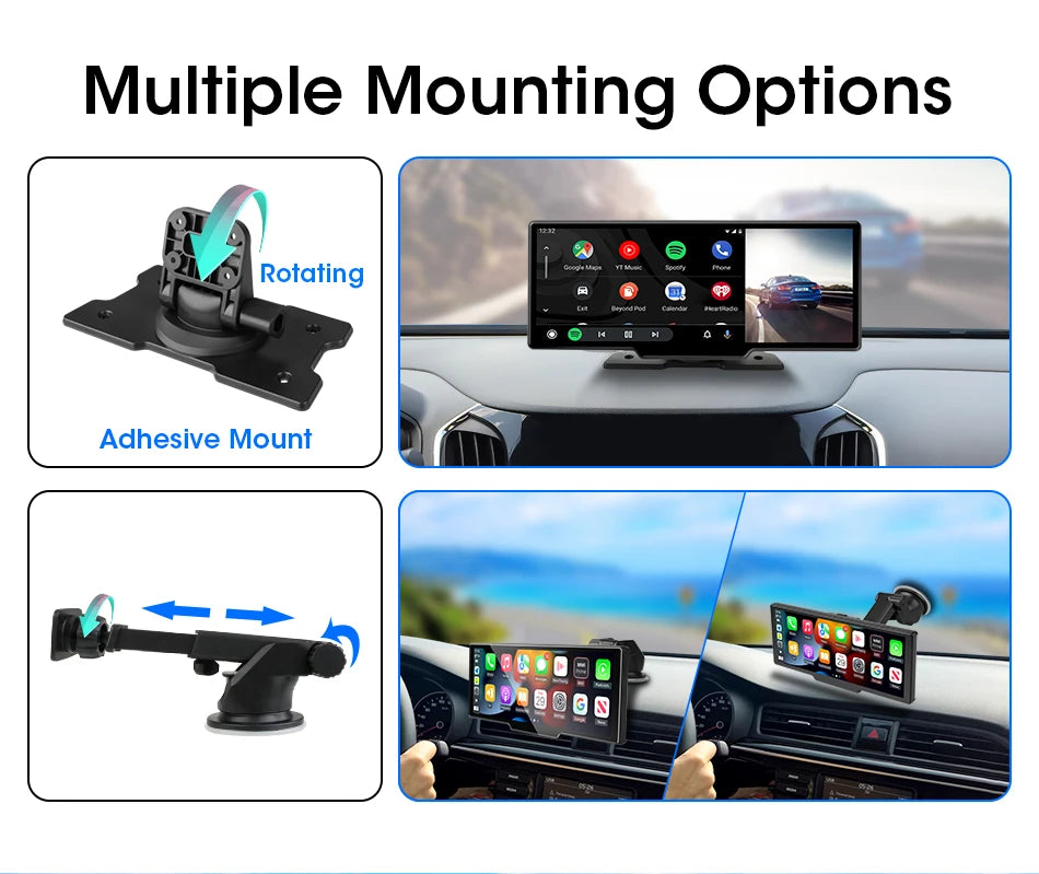 10.26'' 4K Car DVR Dashcam with CarPlay, Android Auto, Dual Lens Front 4K + Rear 1080P, Voice Control, GPS, BT, FM