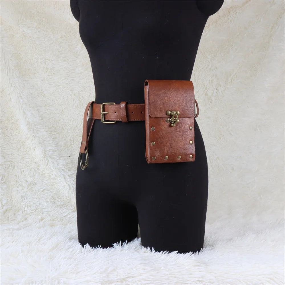 4PCS Medieval Cosplay Leather Belt Set – Copper Coin Waist Bag, Renaissance & Steam Role Playing Halloween Costume Accessories