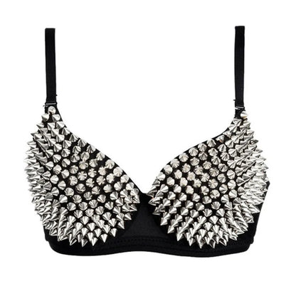 Silver Rivets Punk Rave Bralette – Gothic Push-Up Lingerie Bra Top for Nightclub & Party