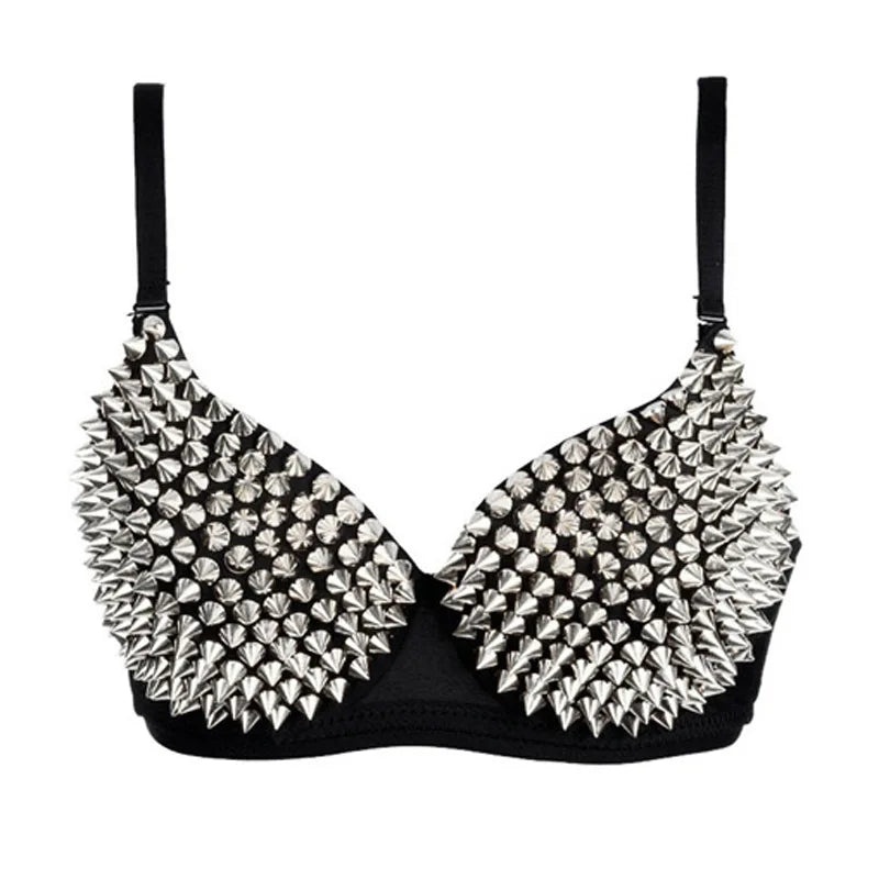 Silver Rivets Punk Rave Bralette — Gothic Sexy Push-Up Bra Top for Women