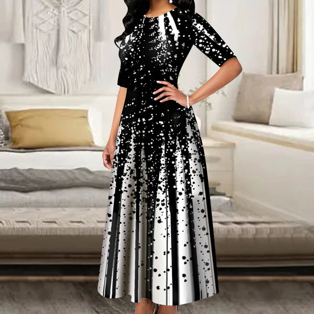 Women’s Elegant Long Party Dress 2024 – Loose Retro Printed Casual Dress with Round Neck & Short Sleeves
