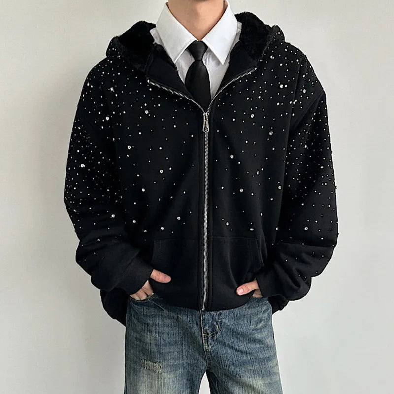 Men’s Faux Fur Patchwork Hoodie - Diamond Design Zip-Up Sweater with Loose Fit