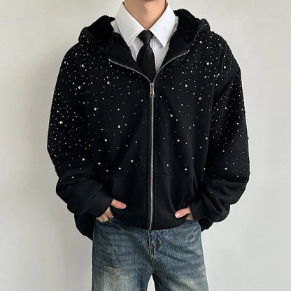 Men’s Faux Fur Patchwork Hoodie - Diamond Design Zip-Up Sweater with Loose Fit