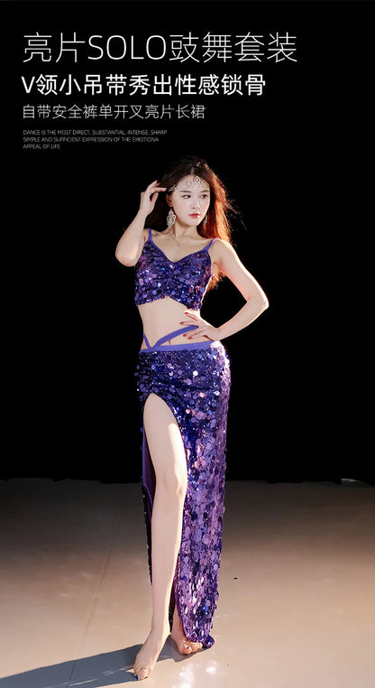 2-Piece Belly Dance Costume Set for Women – Sexy Sequin Top & Skirt Outfit for Stage Performance & Training