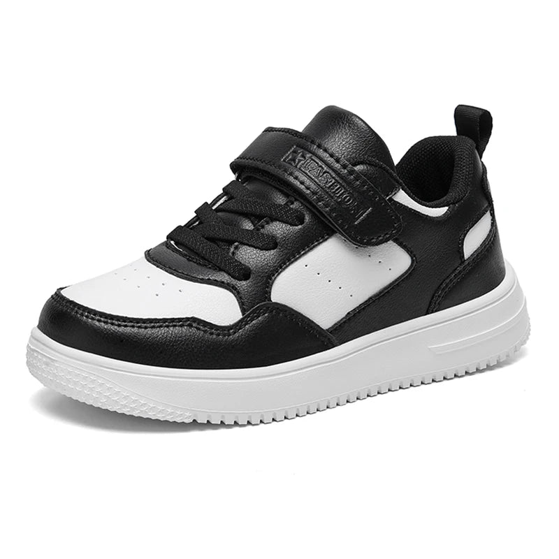 Children’s Black Leather Sneakers – Non-Slip Casual Flat Walking Shoes for Boys & Girls, Lightweight Student Sports Footwear