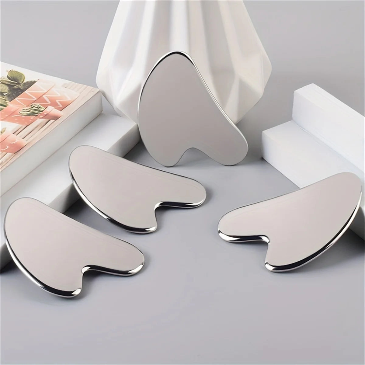 Stainless Steel Facial Gua Sha Tool — Silver Metal Beauty Massage Board for Skincare & Relaxation
