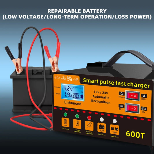 12V/24V Intelligent Car Battery Charger – Automatic Pulse Repair with LCD Display, Voltage & Temperature Detection, High Power Maintenance System