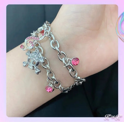 Pink Bow Rhinestone Skull Bracelet - Y2K Gothic Thick Chain Charm Jewelry for Women