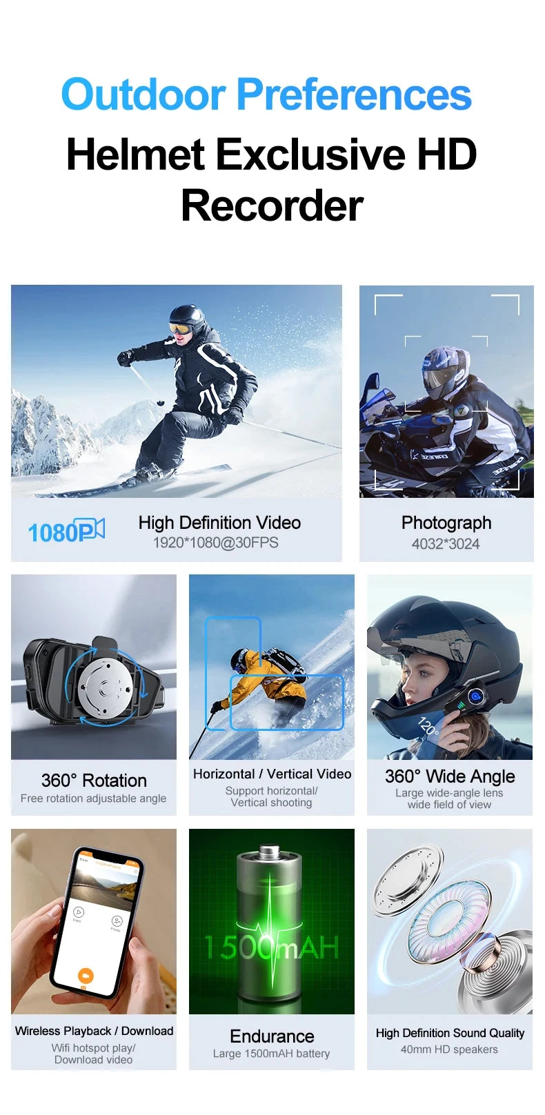 Motorcycle Bluetooth Helmet Headset BT5.3 - HD 1080P Driving Recorder, Wireless Camera & Call Headset with Hard Disk Video Recorder
