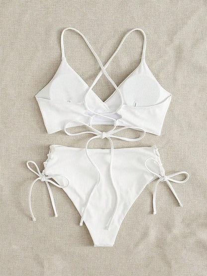 Cikini V-Neck Split Bikini Set – Sexy Lace-Up Triangular Solid Color Swimwear for Women