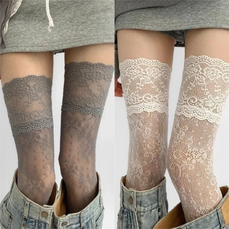 Women's Lace Floral Fishnet Thigh High Socks - Sexy Nylon Mesh Over The Knee Stockings for JK Lolita Style