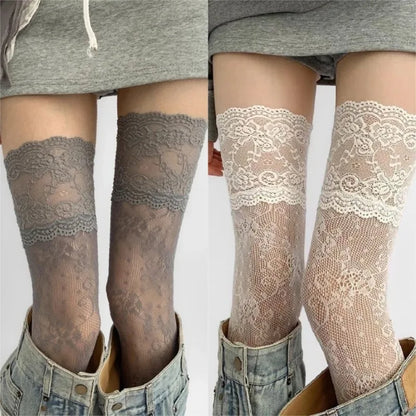 Women's Lace Floral Fishnet Thigh High Socks - Sexy Nylon Mesh Over The Knee Stockings for JK Lolita Style