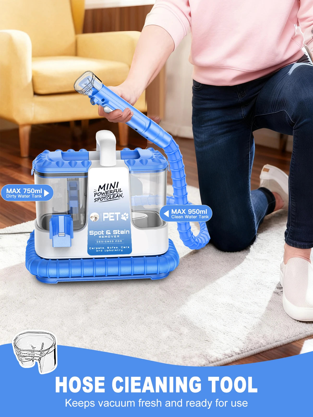 Portable Carpet & Upholstery Cleaner - 32KPa Powerful Suction with 5 Cleaning Tools