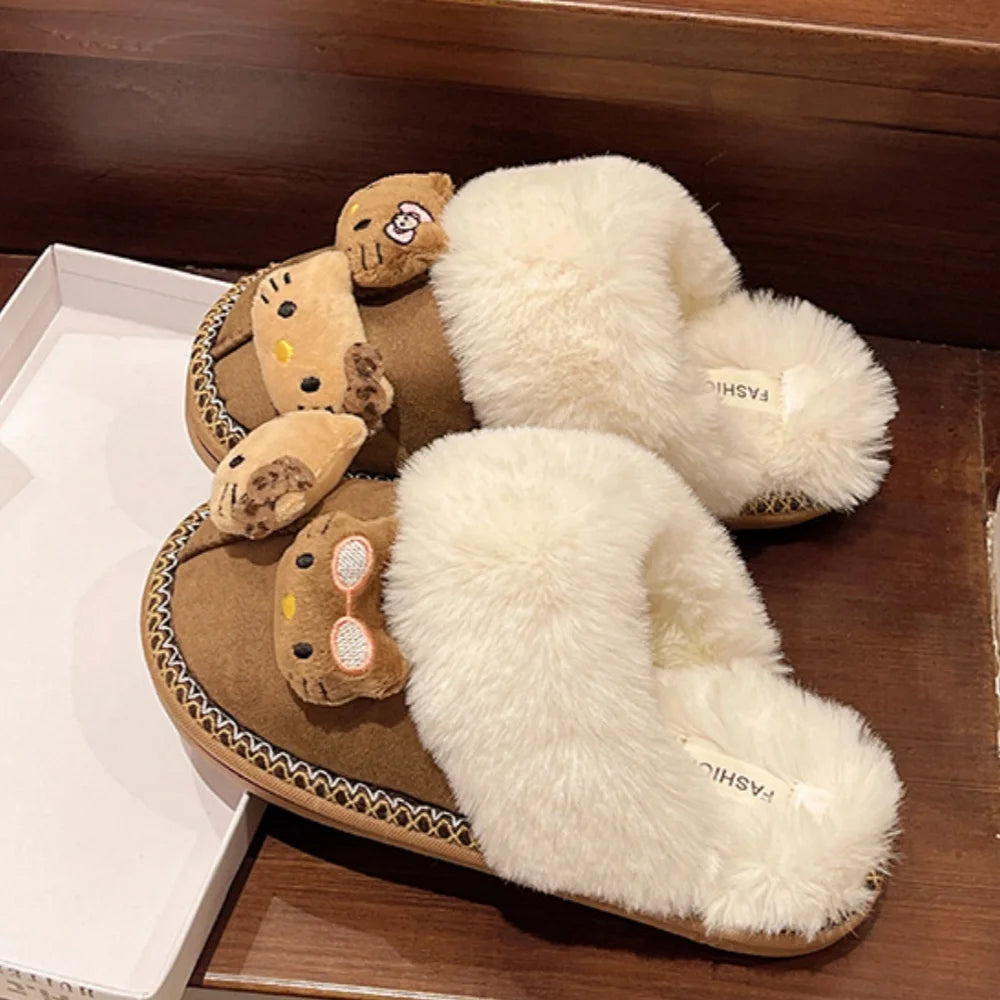 Sanrio Hello Kitty Winter Plush Slippers – Cute Fuzzy Warm Kawaii Women’s Home Shoes, Y2K Style, Non-Slip Outdoor Flats