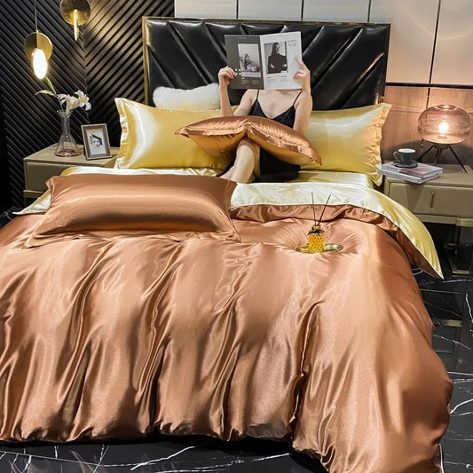 Solid Rayon Silk Bedding Set - Luxury Satin Duvet Cover Bed Sheet Pillowcase Set For King Single Double Couple Beds