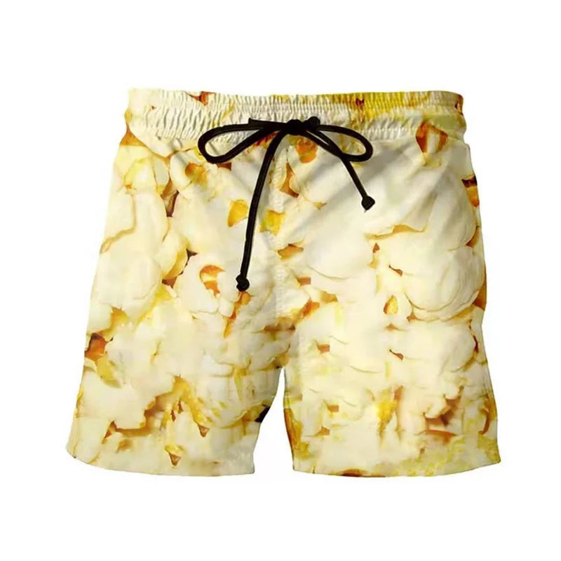 3D Sausage Print Beach Shorts - Funny Food Graphic Elastic Waist Swim Trunks for Men