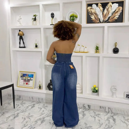 Women's Denim One-Piece Jumpsuit - Backless Long Sleeve Collared Outfit with Button Closure