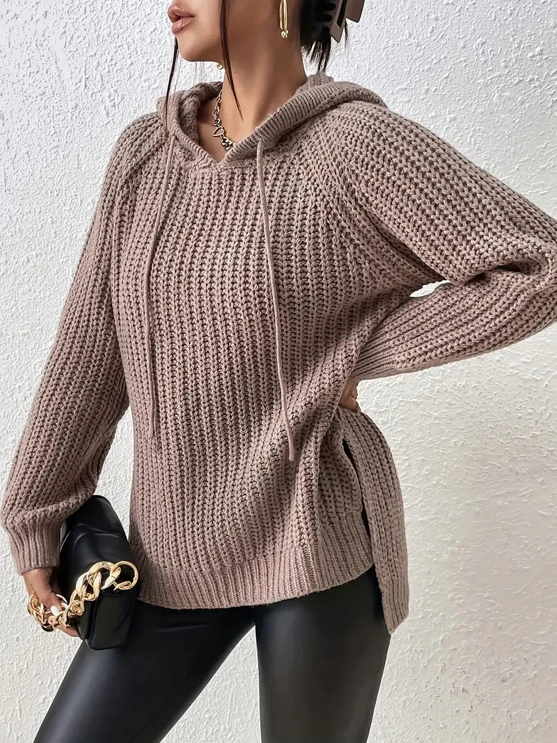 Women’s Hooded Raglan Sleeve Sweater – Split Hem Drawstring Cozy Pullover for Casual Wear