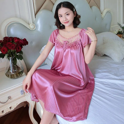 Midnite Star Women’s Ice Silk Sleepwear Set – V-Neck Lace Nightdress Pyjamas, Homewear Nightgown, Plus Size