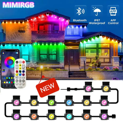 Black RGB Eaves LED Light Strip – Outdoor Bluetooth APP-Controlled Lights with Scene Modes for House, Party & Wedding