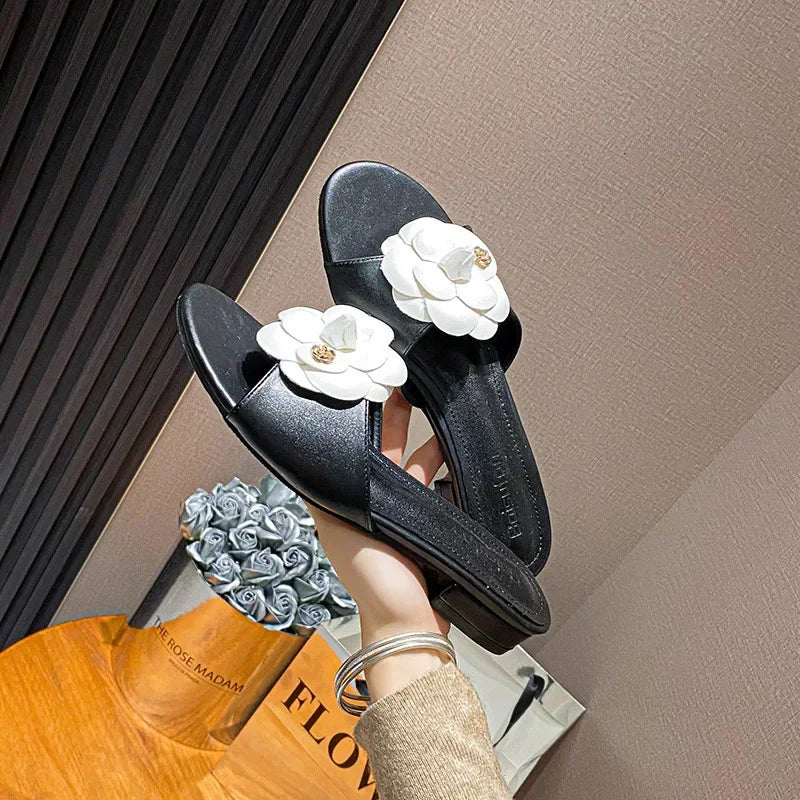 Luxury Women’s Flower Slippers — Camellia Open-Toe Slides for Home & Outdoor, Ladies Flip Flop Sandals