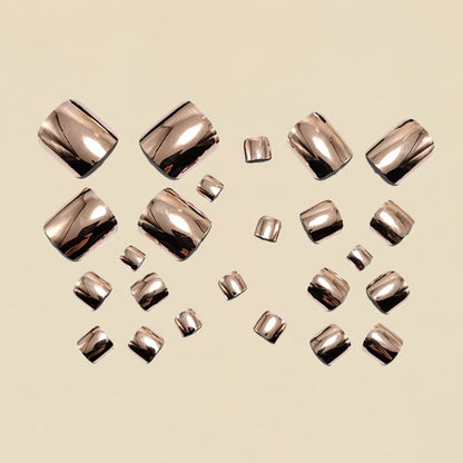 24Pcs Glossy Gold Press-On Toenails - Electroplated Metal Design Square False Toenails for Women & Girls