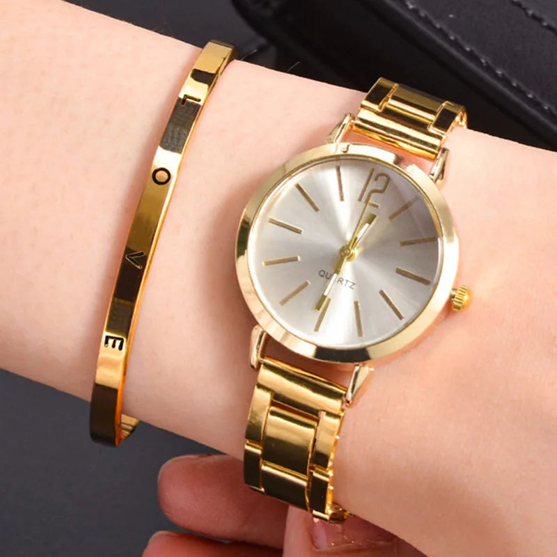 2PCS Set Luxury Women's Watches – Simple Dial, Hollow Strap Gold Bracelet Quartz Wristwatch for Students & Ladies