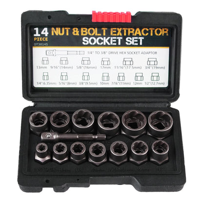 14-Piece Bolt & Nut Remover Socket Set - Cr-Mo Steel Damaged Screw Extractor Car Tool Kit