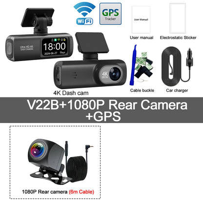 UHD 4K Dash Cam Dual Lens – 1080P Rear Lens, Built-in WiFi, GPS, 24-Hour Parking Monitoring Car DVR