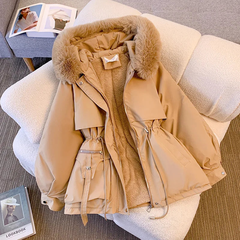 Fleece-Lined Hooded Down Jacket for Women – Warm Padded Parka, Casual Korean Streetwear Winter Coat