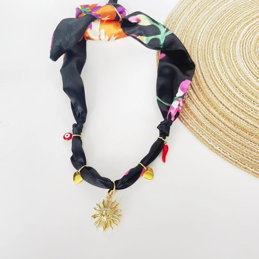 Bohemian Fabric Scarf Necklace - Sea Life, Heart & Floral Charm Pendant Vacation Jewelry Gift for Women