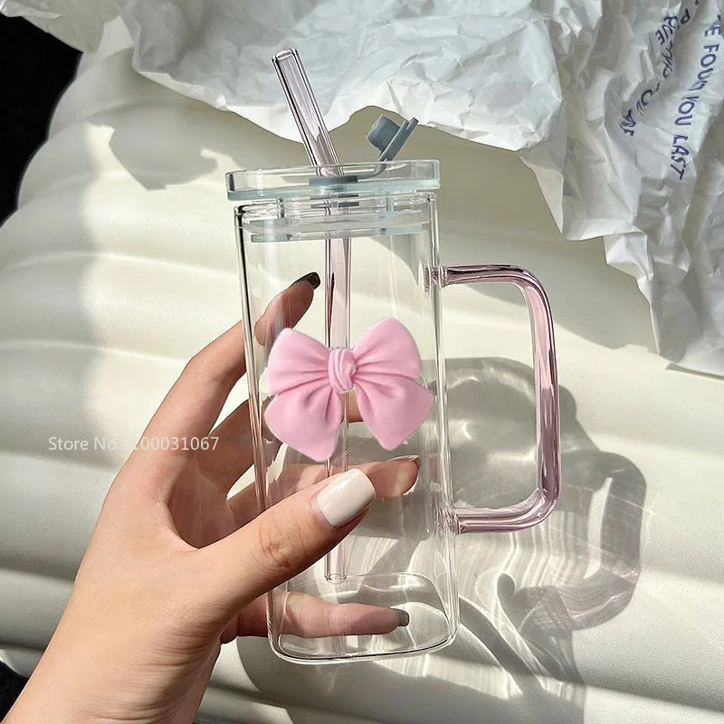 350ML Square Mug with Lid and Straw – Household Cup for Milk and Coffee, Pink Handle Gift for Women