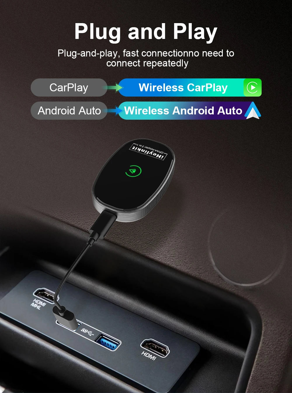 IHeylinkit Wireless CarPlay & Android Auto Adapter – Auto-Connect Dongle with Zinc Alloy Shell for Most Vehicles