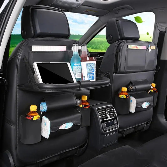Car Seat Back Organizer with Foldable Table Tray – PU Leather Storage Organizer with Pockets & Kick Mats