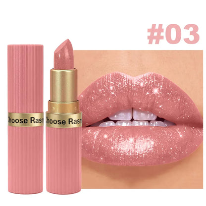 Pearlescent Pink Glitter Lipstick - Waterproof Long-Lasting Matte Metallic Shimmer Makeup