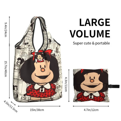 Anime Mafalda Cartoon Grocery Tote Bag – Large Capacity Fashion Shopper Shoulder Handbag, Portable Kawaii Canvas Bag for Everyday Use