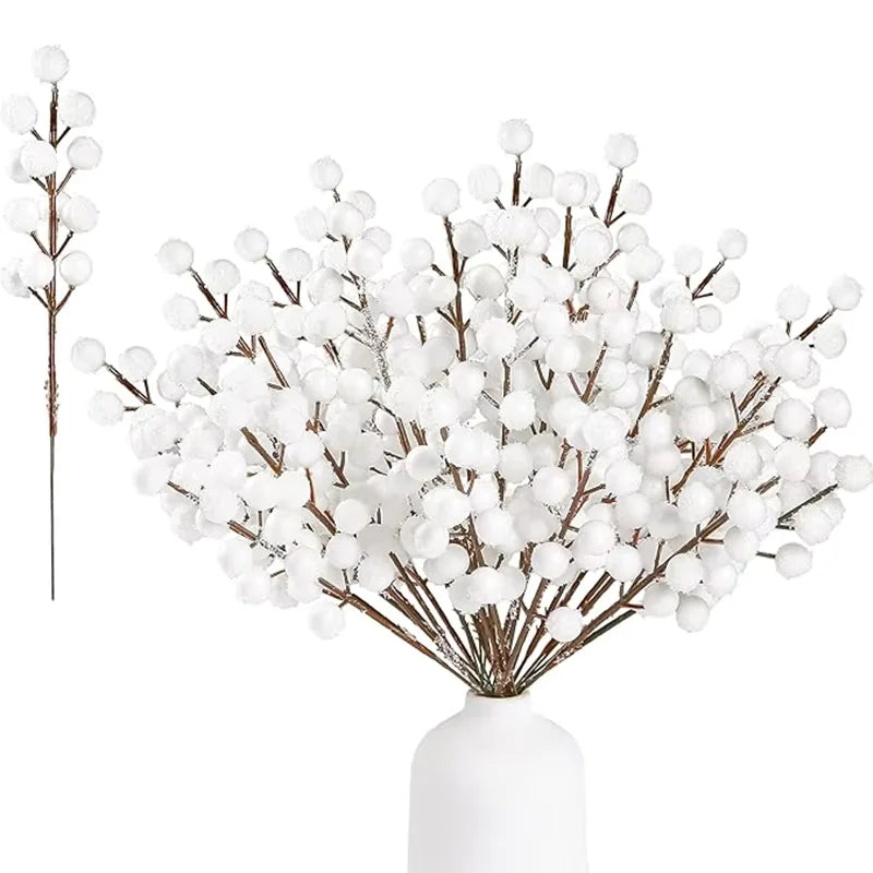 Snow White Artificial Pine Needle & Berry Bouquet – Christmas Decoration for Tree, Garland, Home Decor & DIY New Year Gift