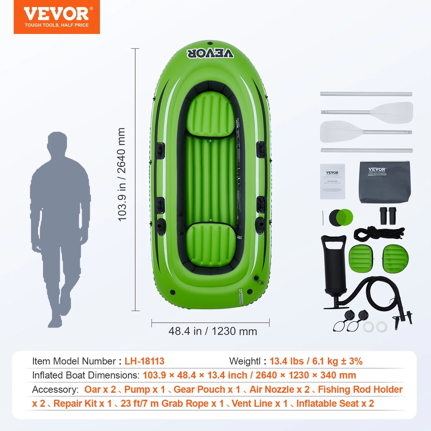 VEVOR 4-Person Inflatable Fishing Boat – Durable PVC Raft Kayak with 45.6" Aluminum Oars & High-Output Pump