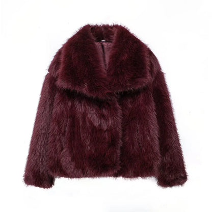 TRAF 2024 Women's Cropped Faux Fur Jacket – Chic Lapel Collar, Long Sleeve, Front Snap-Button Thick Coat