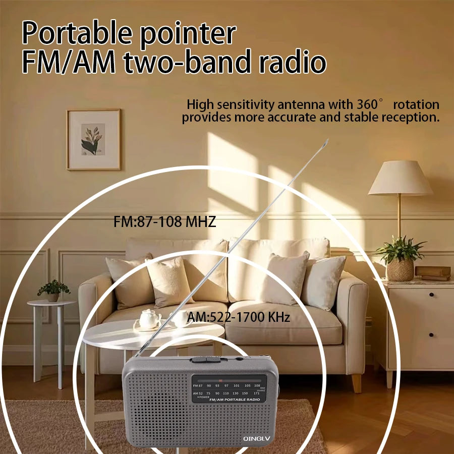 Mini FM/AM Two-Band Radio — 1W Loud Speaker with 3.5mm Headphone Jack & 180° High-Performance Antenna for Home Use