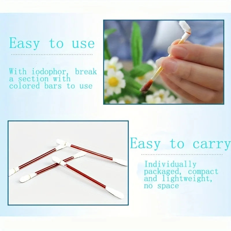 50/100-Piece Disposable Alcohol and Iodine Cotton Swabs – Portable Cleaning Sticks for Skin Care, Hygiene, and First Aid
