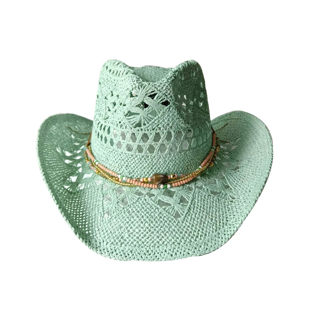 Melesh Western Women's Mint Green Cowboy Hat – Straw, Wide Brim, Plasticity Strong for Sunshine & Beach Wear