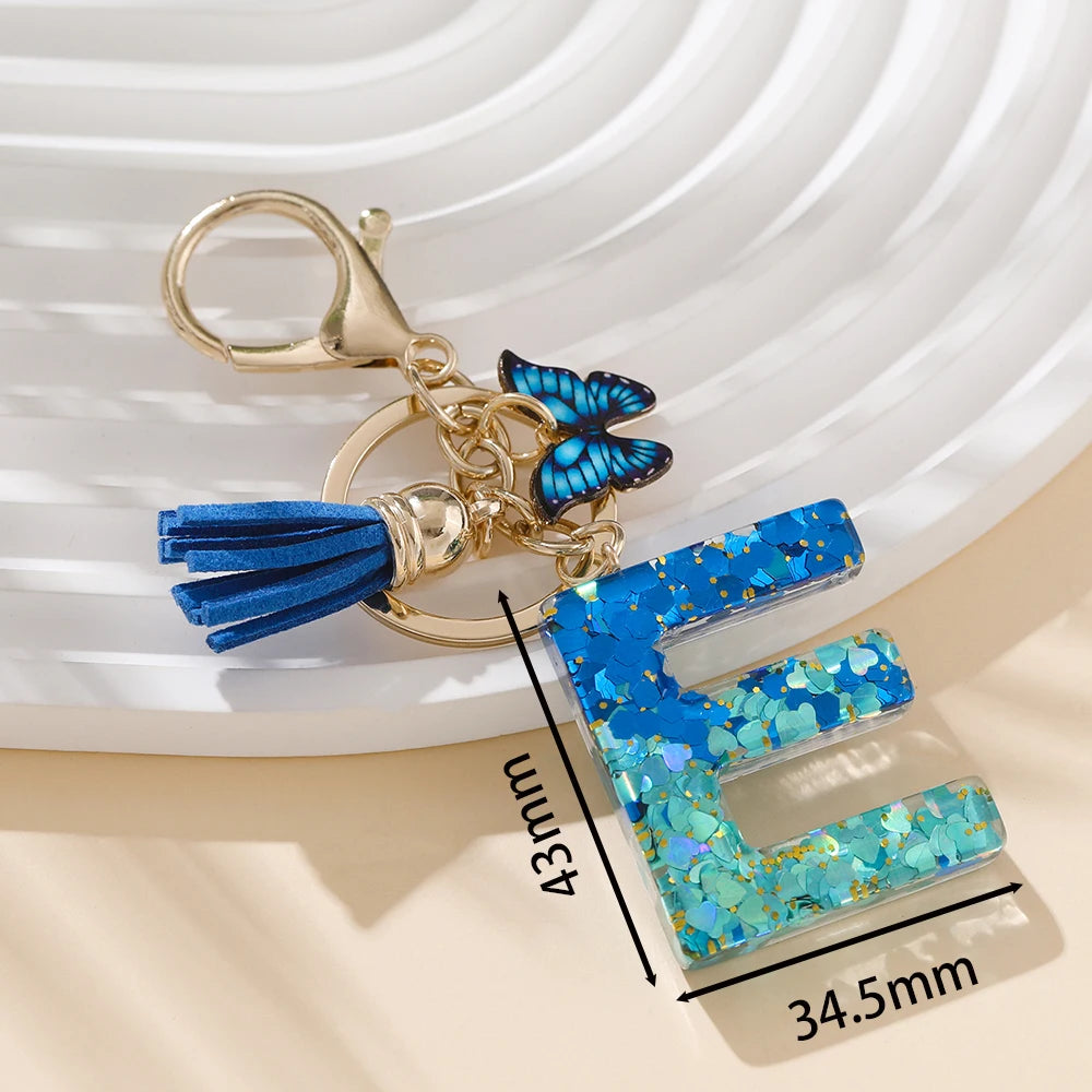 Royal Blue Butterfly Initial Keychain - Alloy Alphabet Letter & Tassel Backpack Charm